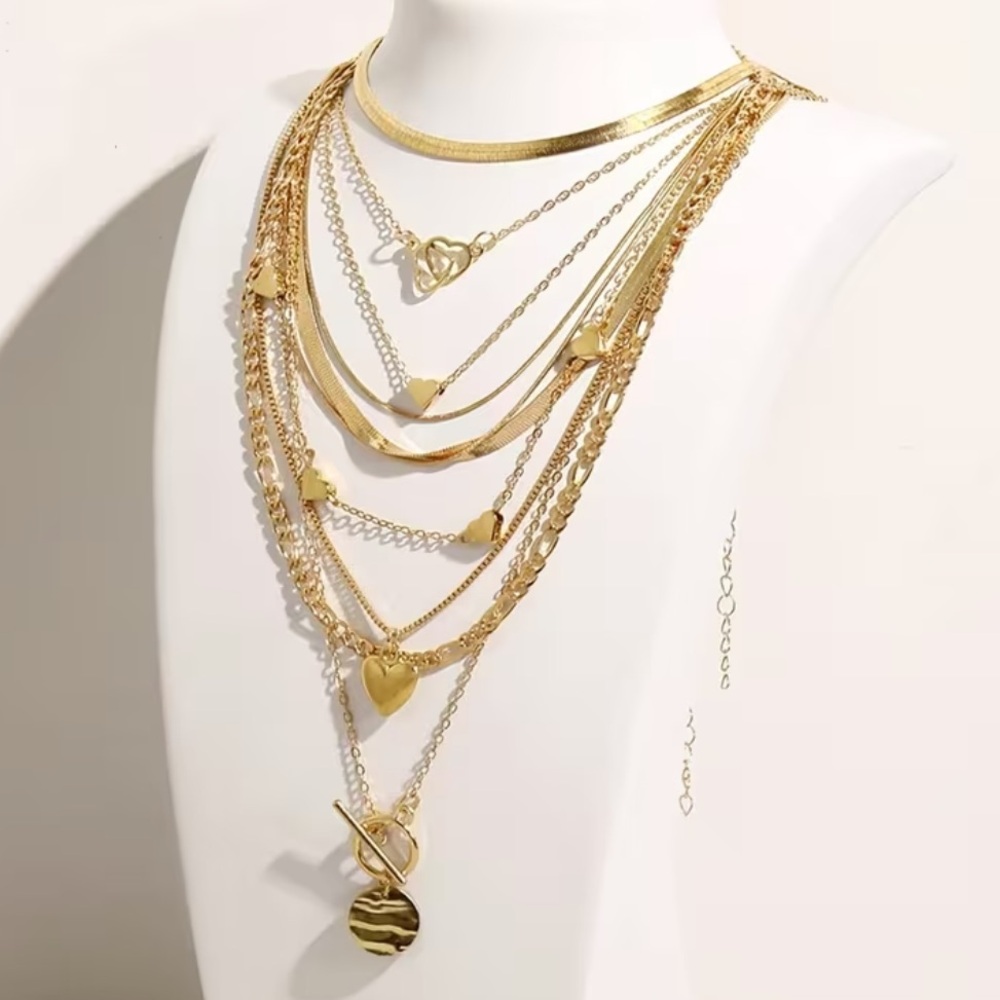 10-Piece Golden Layered Necklace Set – Mixed Chains & Charms - NWT - Herringbone - Picture 1 of 4